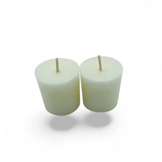 Coconut Lime Soy Votive Candles duo on white background, 4.2cm tall, 4cm diameter.