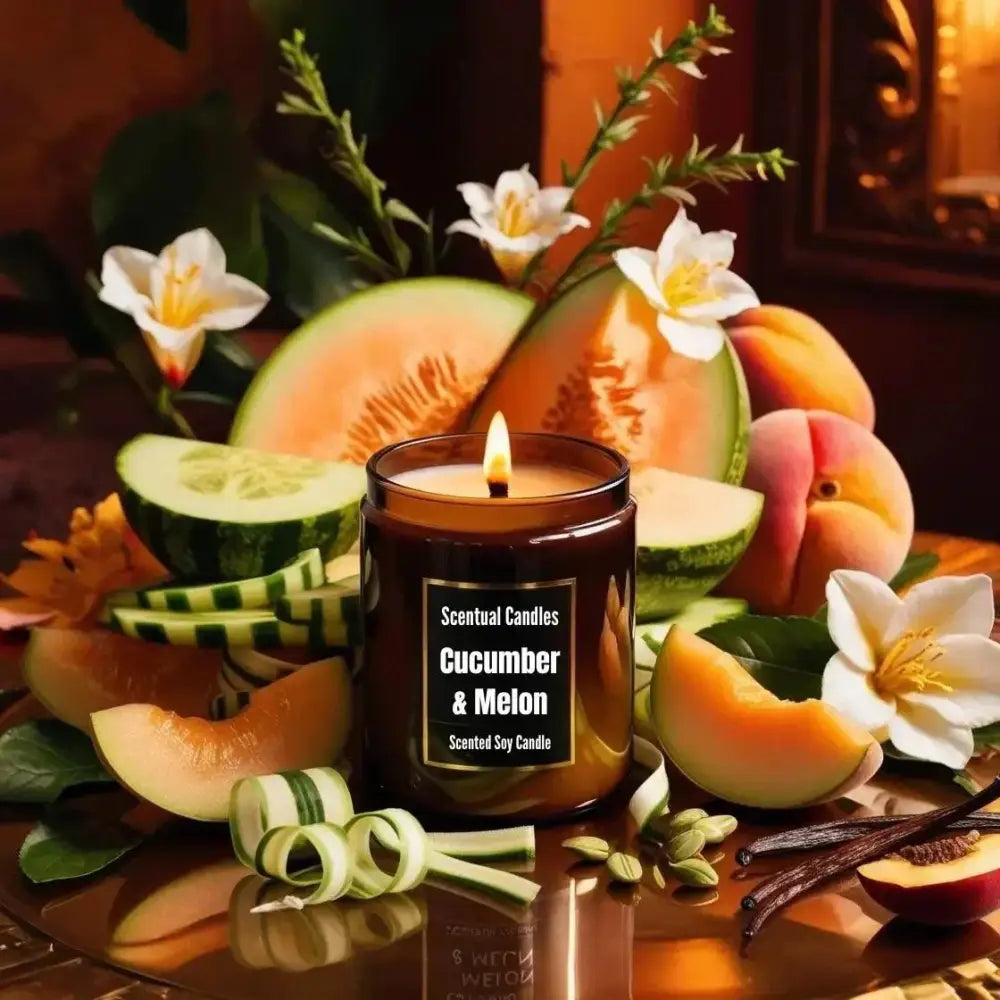 Cucumber Melon Scented Soy Candle surrounded by fresh fruit and flowers
