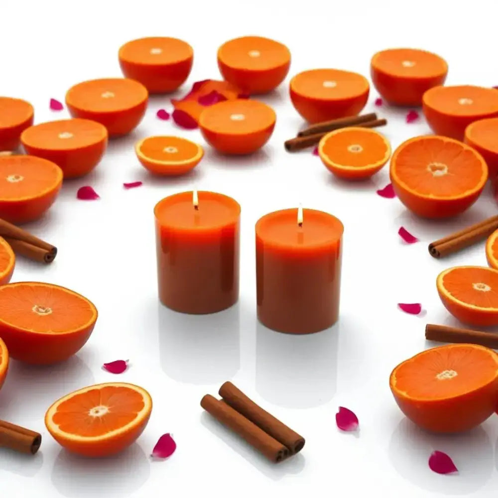 Fruit scented soy candle set of 2 surrounded by vibrant orange slices and cinnamon sticks.
