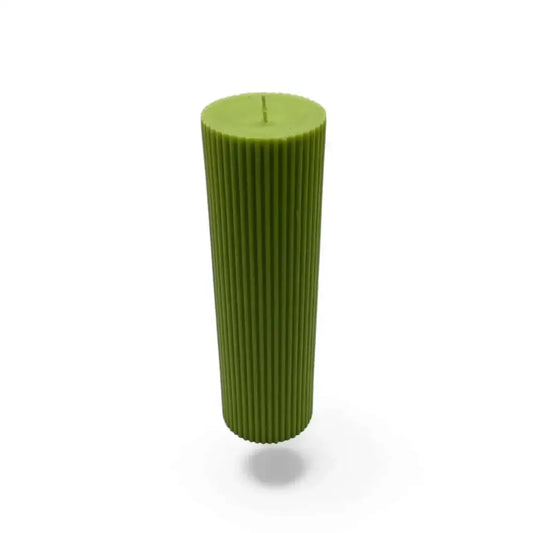 Green ribbed Gardenia Scented Soy Pillar Candle, 20cm tall, 6cm diameter, elegant design.