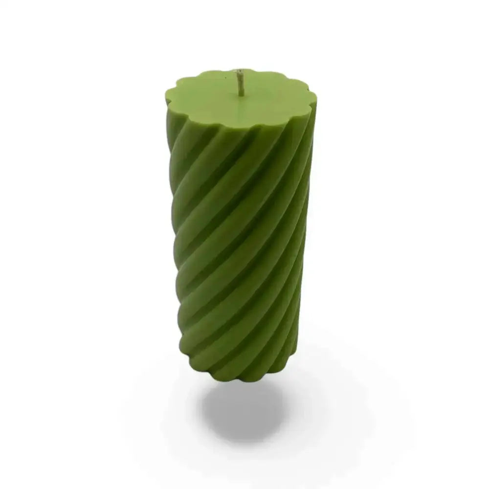 Green spiral Gardenia Scented Soy Pillar Candle with elegant design.