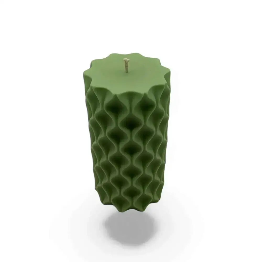 Gardenia Scented Soy Pillar Candle with wavy design, green color, 13cm tall, 5cm diameter.