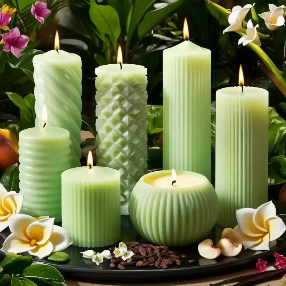 Gardenia scented soy pillar candles in various designs surrounded by lush garden flowers.