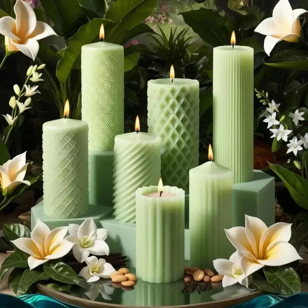 Gardenia Scented Soy Pillar Candles amidst blooming gardenia flowers, showcasing elegant designs and serene ambiance.