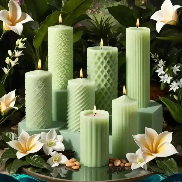 Set of green gardenia scented textured candles with white flowers and leaves in the background