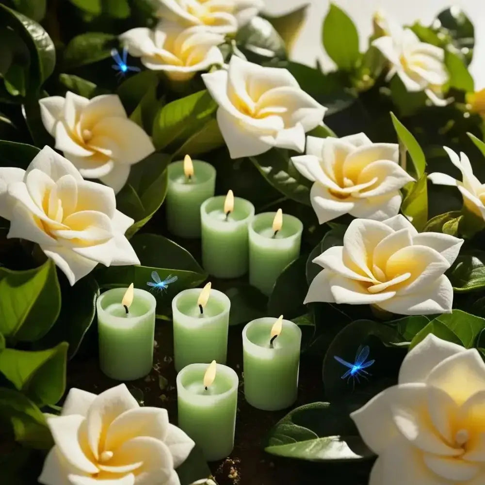 small green gardenia votive candles surrounded by white gardenia flowers and green leaves.