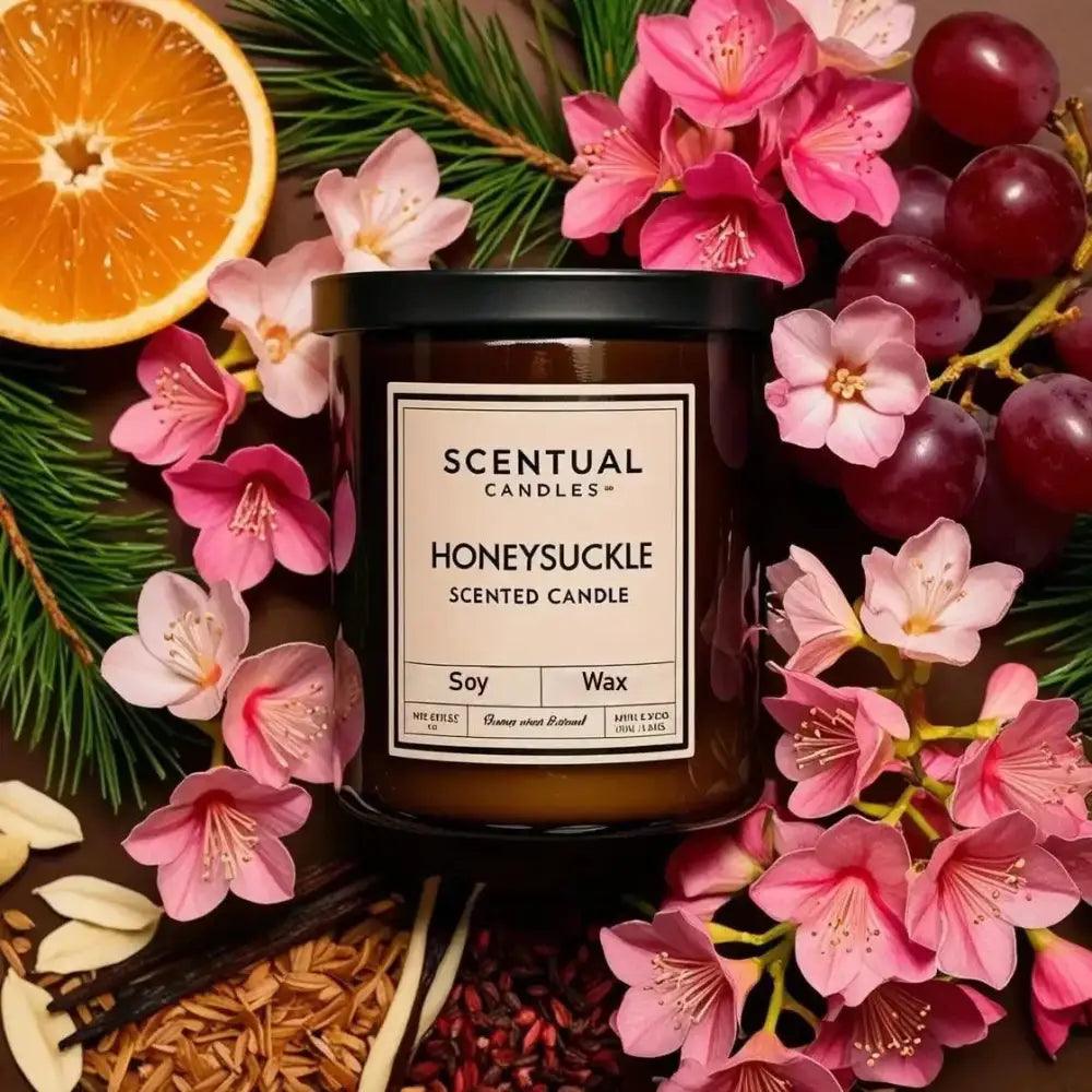Honeysuckle scented soy candle with floral and citrus notes, surrounded by blossoms, grapes, mandarin, and pine needles.