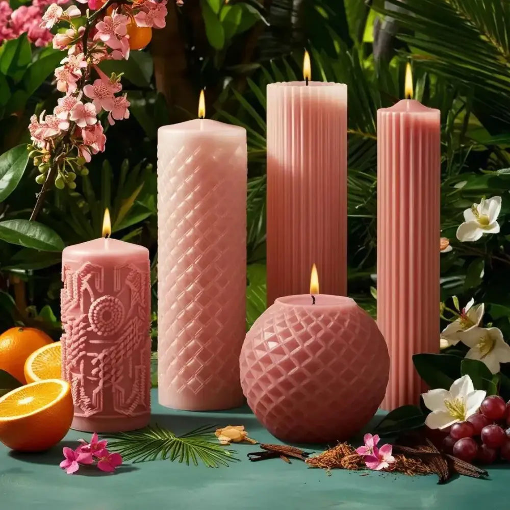 Honeysuckle Candles scented soy pillar with floral design, set in a vibrant spring botanical display