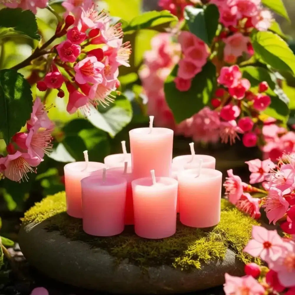 Honeysuckle votive candles surrounded by pink flowers.