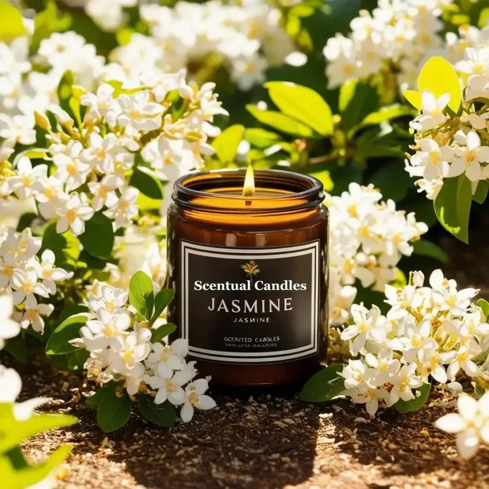 Jasmine scented soy candle surrounded by jasmine flowers in Sydney Australia