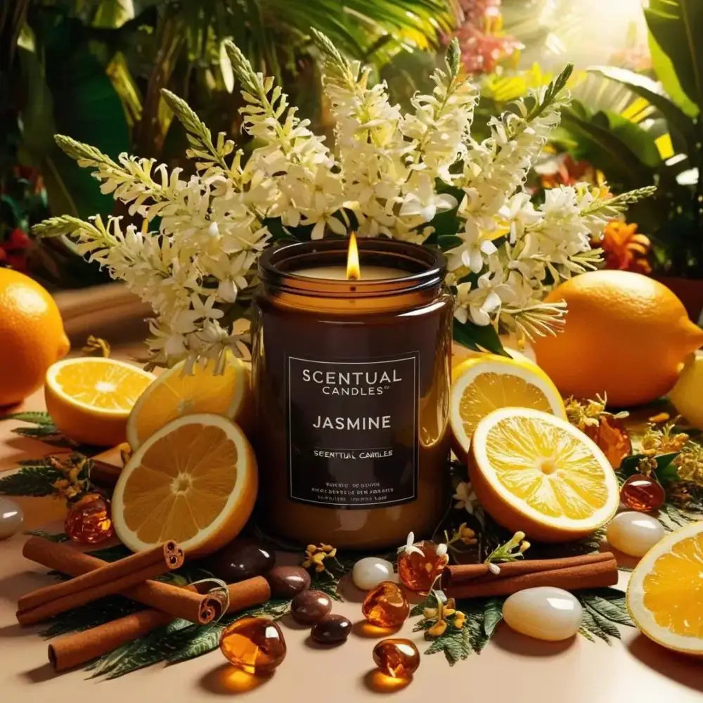 Jasmine scented soy candle surrounded by fresh citrus fruits and floral accents.