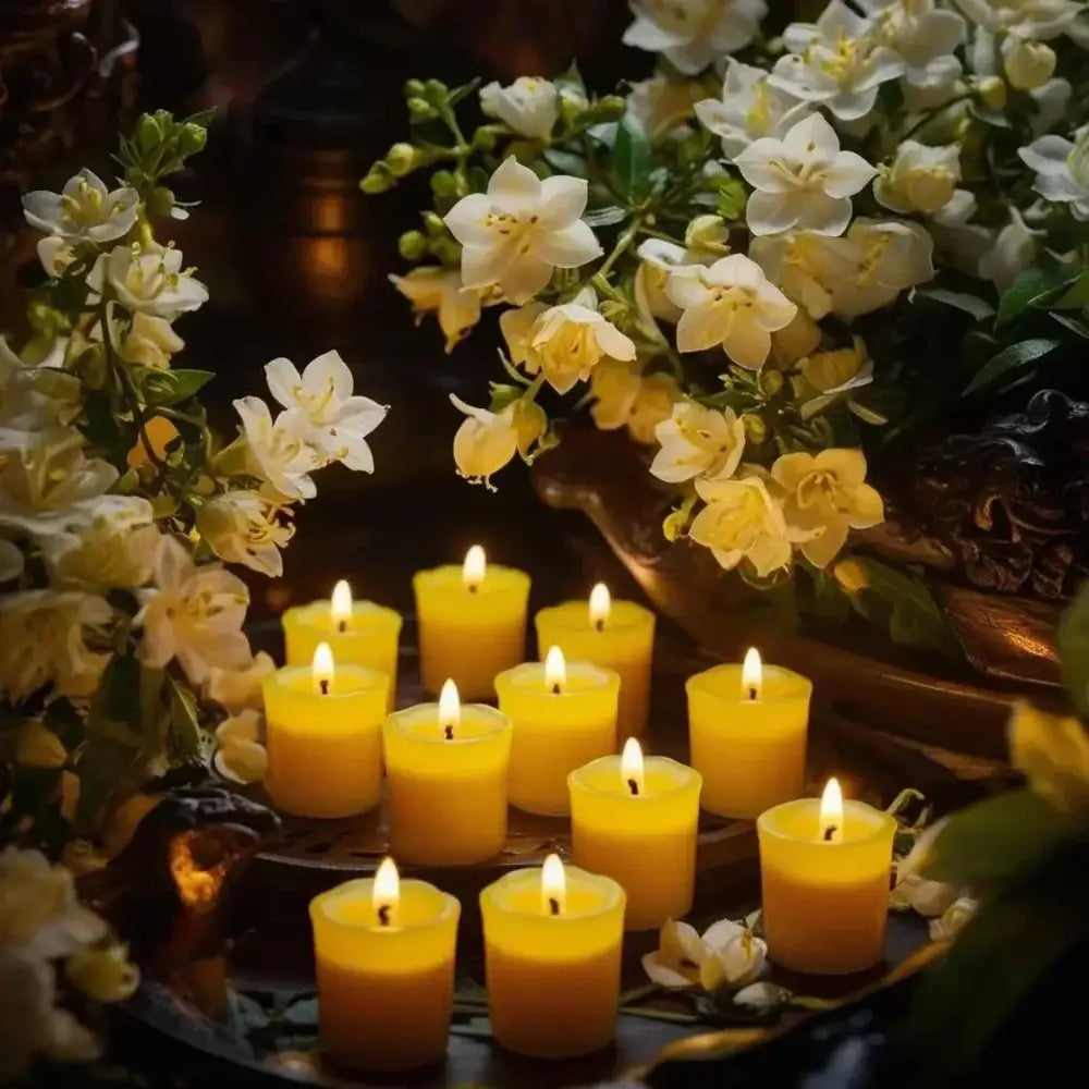 Jasmine votive candles with blooming jasmine flowers nearby.