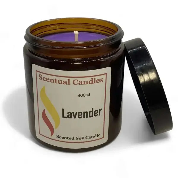 400g lavender candle in a dark glass jar
