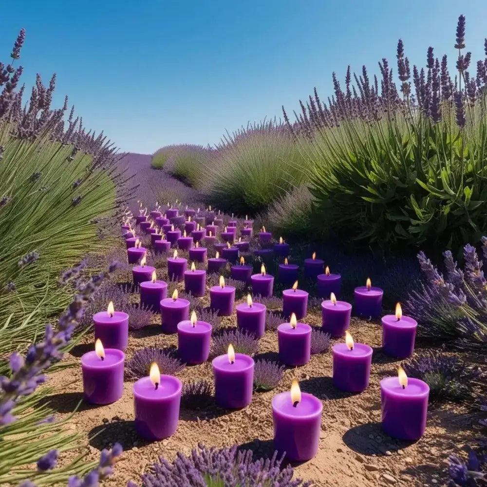 Lavender Scented Votives in the aisle of rows of lavender in a field