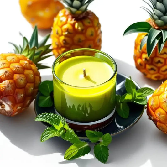 Set of 4 soy mini candles with summer scents including pineapple and mint in amber jars.