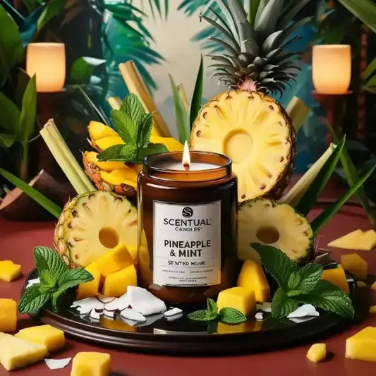 Scentual Candles Pineapple and Mint candle surrounded by pineapple slices and mint leaves on a decorative tray.