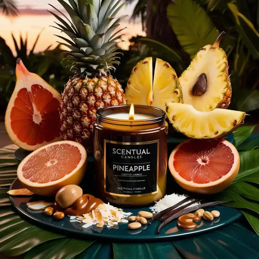 Pineapple scented soy candle surrounded by fresh pineapples, grapefruit, coconut, vanilla, and caramel. Sydney Australia