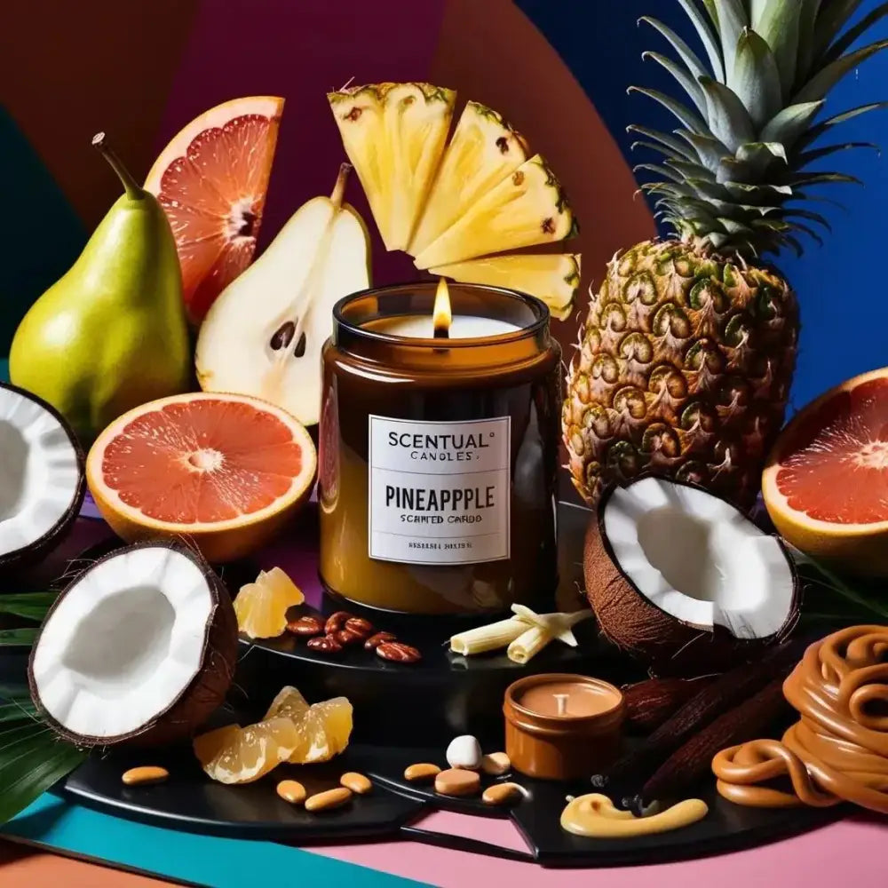 Pineapple Scented Soy Candle surrounded by tropical fruits and ingredients, highlighting fruity and creamy fragrance notes.