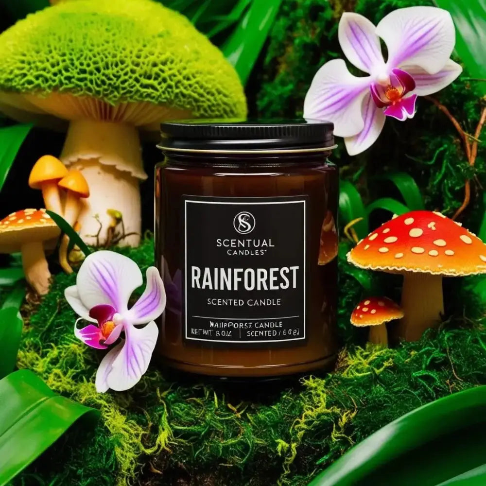 Rainforest Scented Candle amidst vibrant rainforest foliage and mushrooms, evoking a fresh, nature-inspired ambiance.