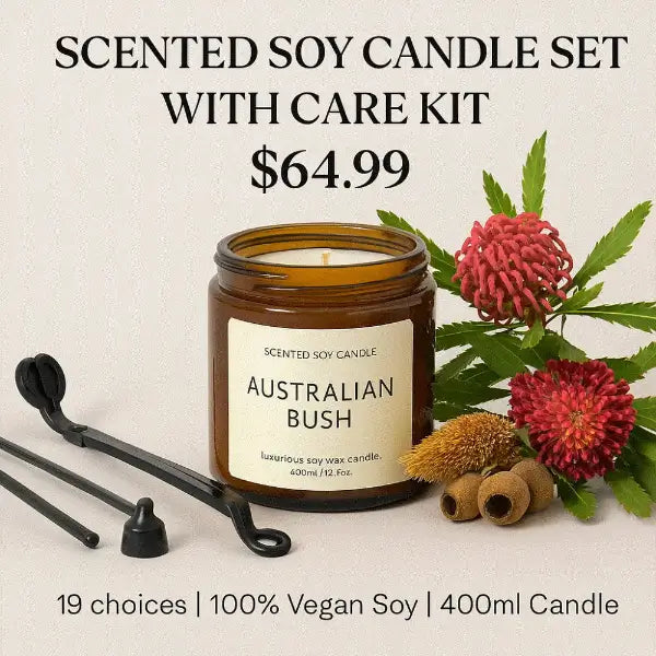 Scented soy candle set with care kit labeled 'Australian Bush' on a neutral background.