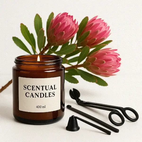 Amber candle jar labeled 'Scentual Candles' with floral arrangement and black tongs on a light background