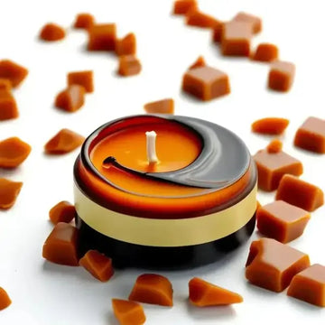 layered caramel candle amongst caramel pieces Sydney Australia