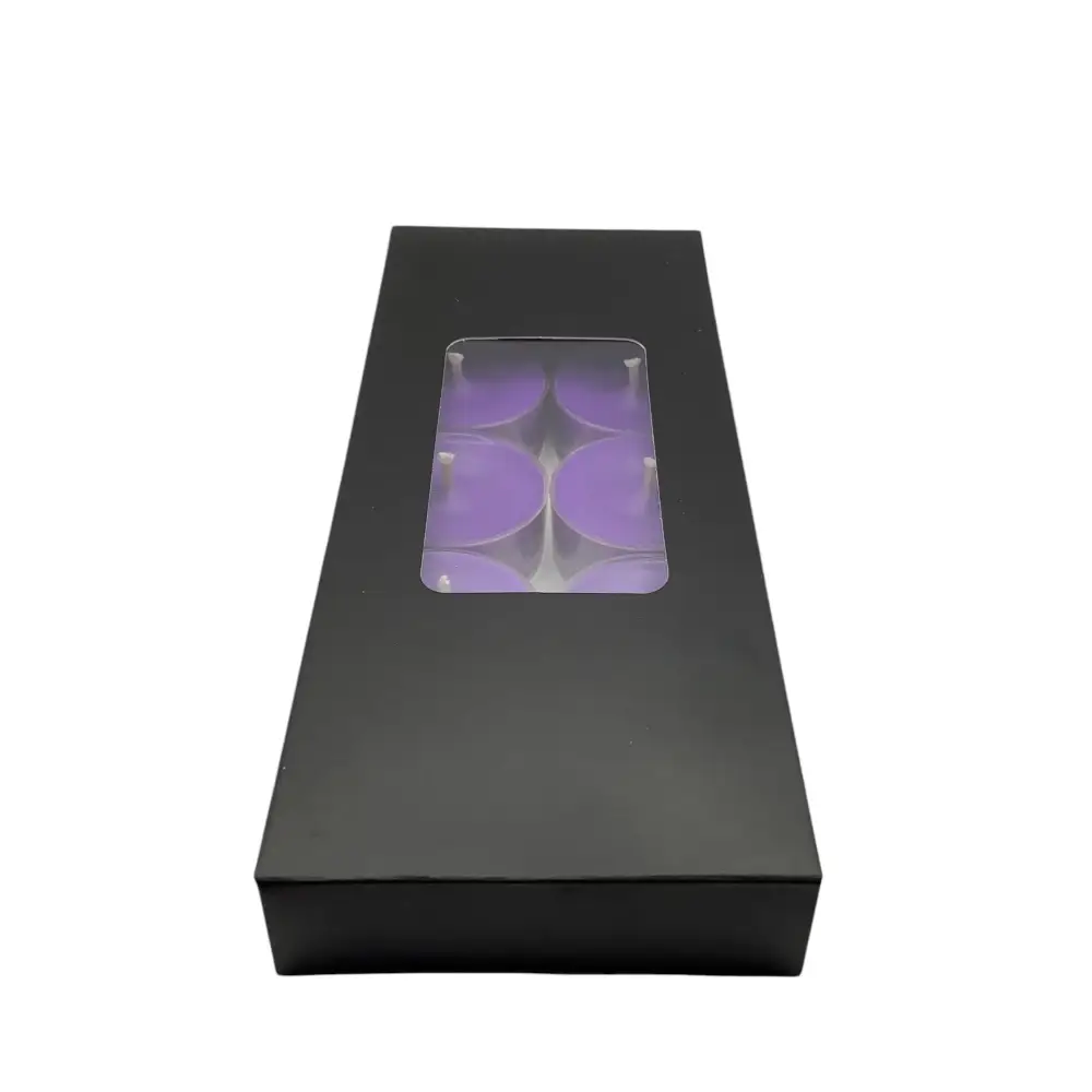 Scented Tealight Candles 10 pack box in black packaging with purple candle view