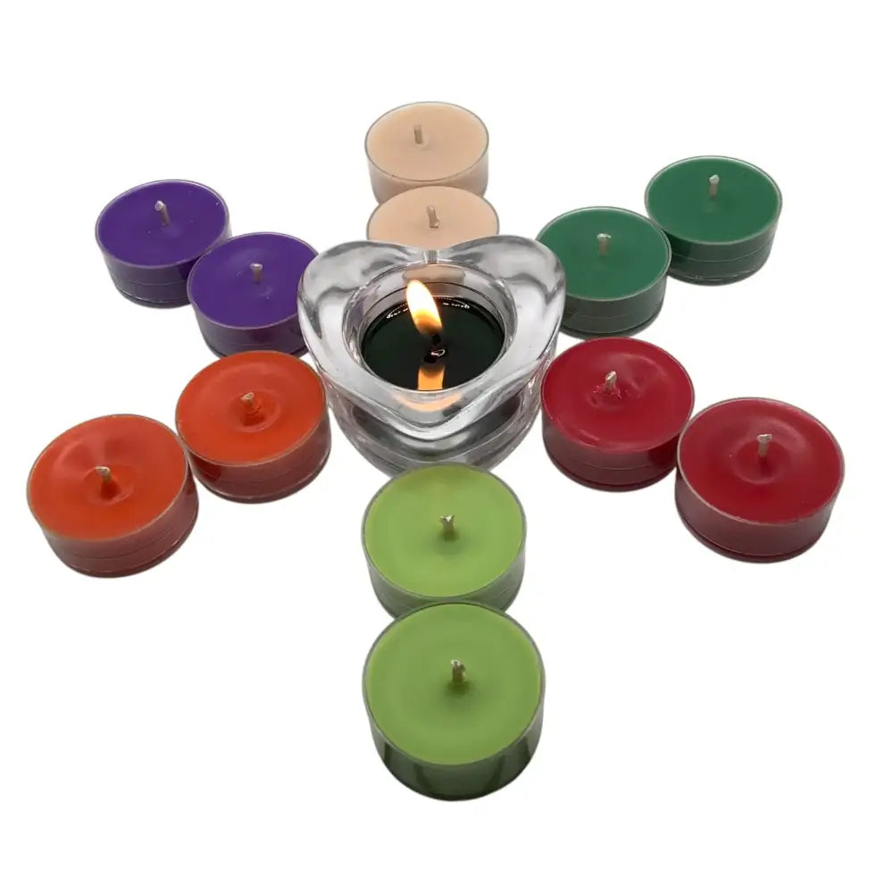 Colorful scented tealight candles in a 10 pack, creating a calming ambiance. Includes heart-shaped holder. Scented Tealight Candles.