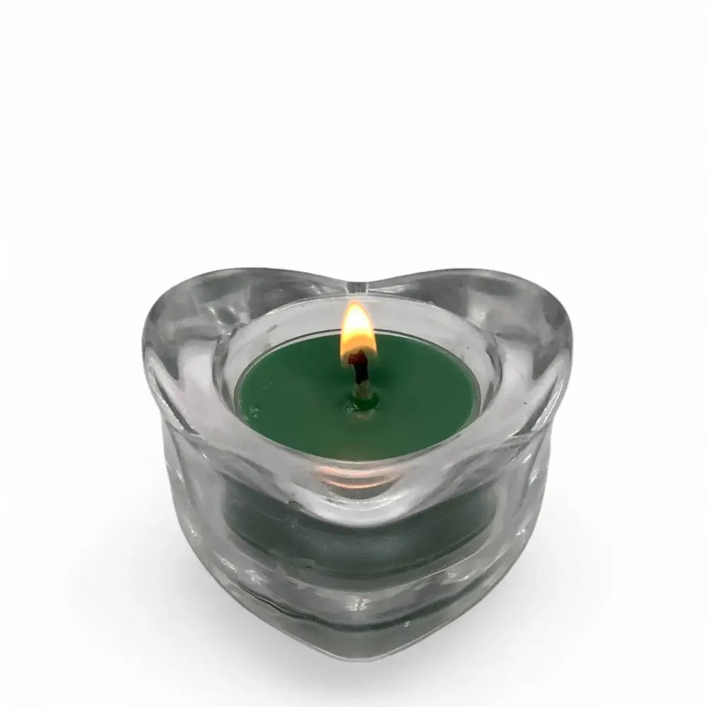 Green Scented Tealight Candles in a heart-shaped holder, perfect for ambiance and relaxation, part of a 10 pack box
