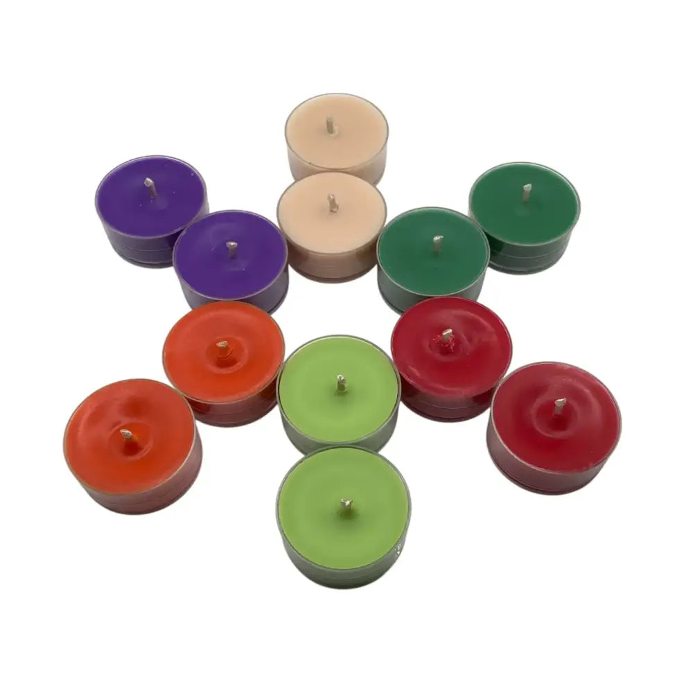 Colorful Scented Tealight Candles in a 10 pack box for ambiance and fragrance.