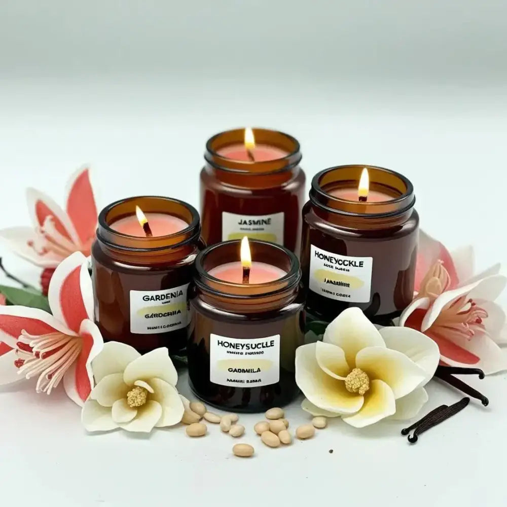 Set of 4 mini soy candles in floral scents with amber apothecary jars and flowers. Made in Australia