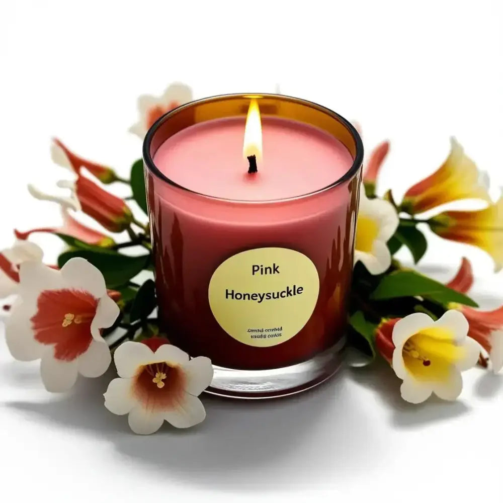 Set of 4 mini soy candles in amber apothecary jars with floral scents like gardenia and honeysuckle.
