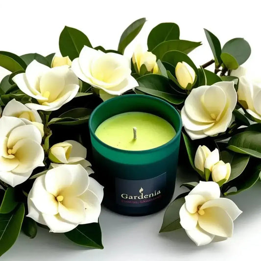 Set of 4 mini soy candles with floral scents in amber apothecary jars.