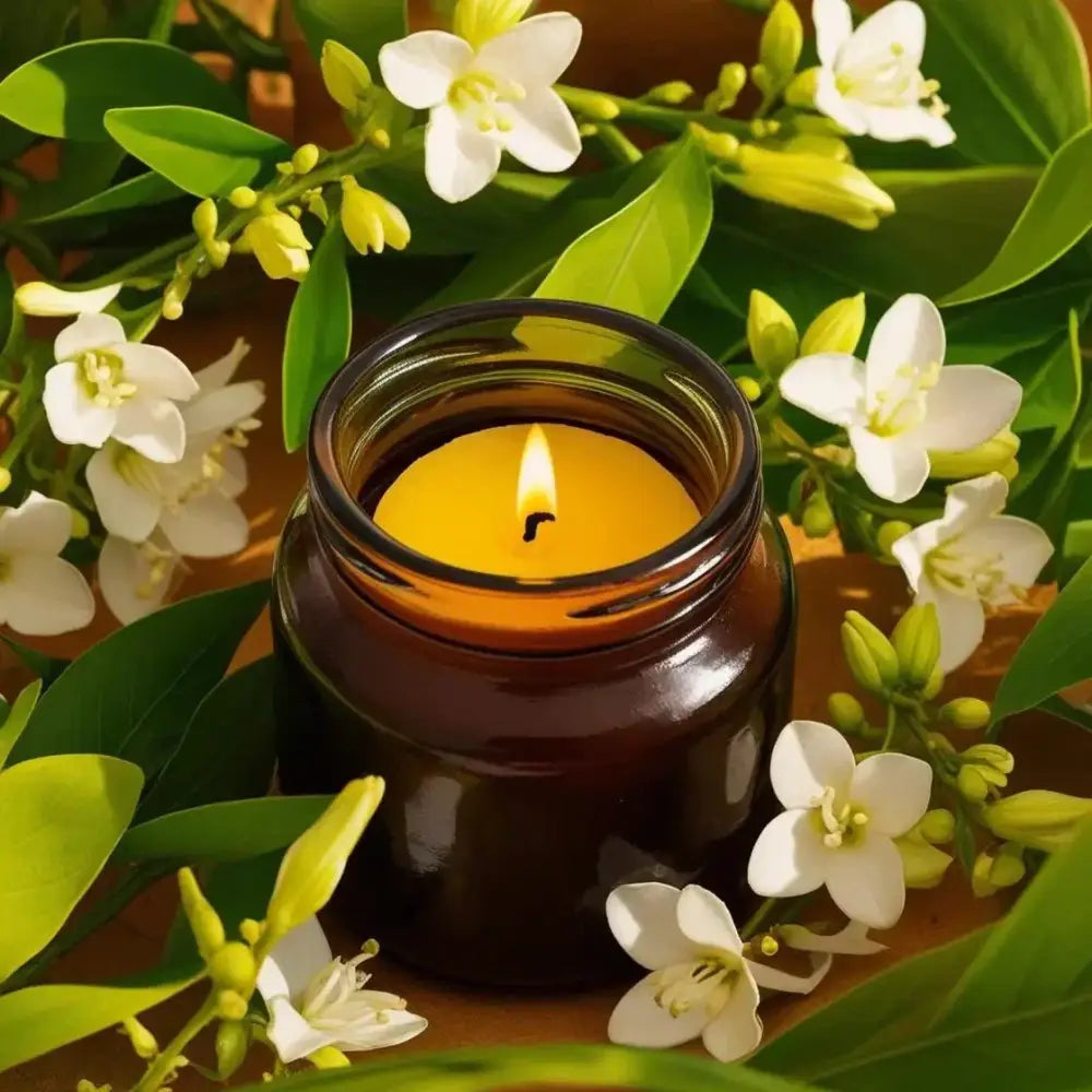 Set of 4 mini soy candles in amber jars with floral scents, surrounded by gardenia flowers.
