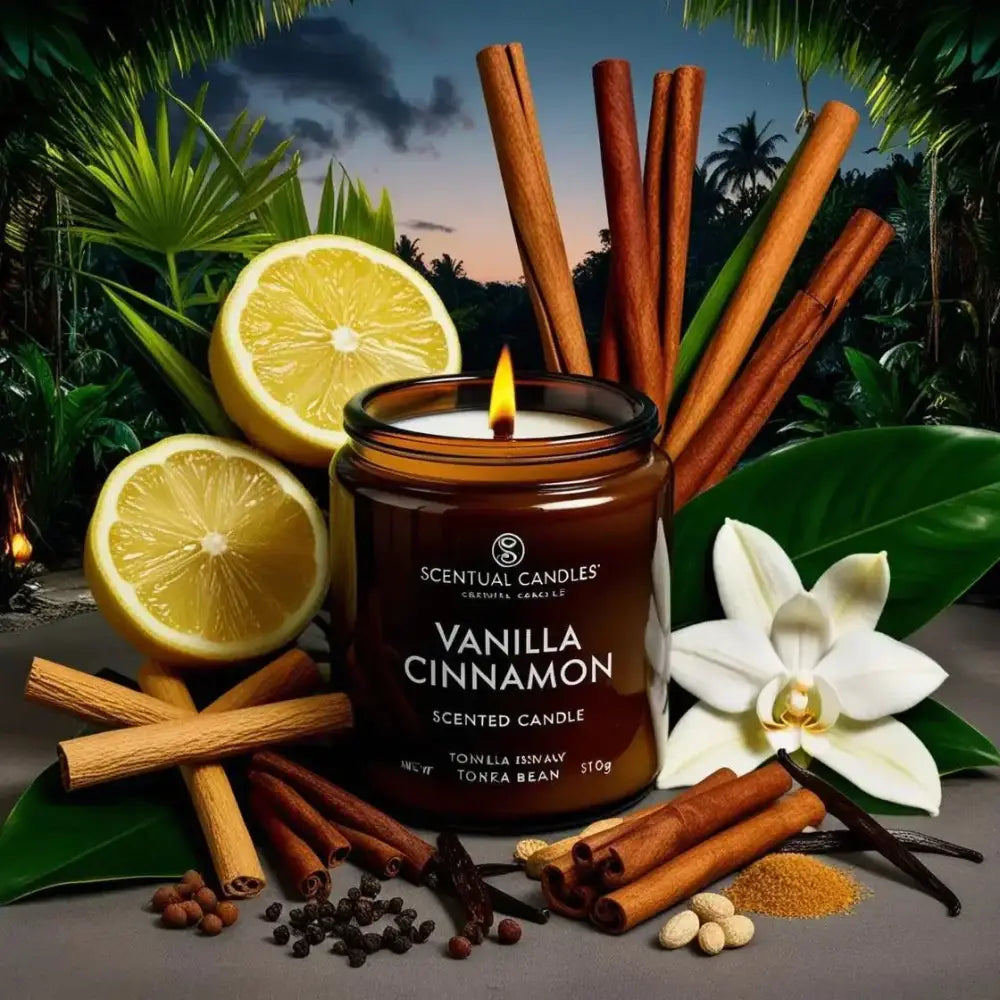 Vanilla and Cinnamon scented soy candle with lemon, cinnamon sticks, and vanilla flower Sydney Australia