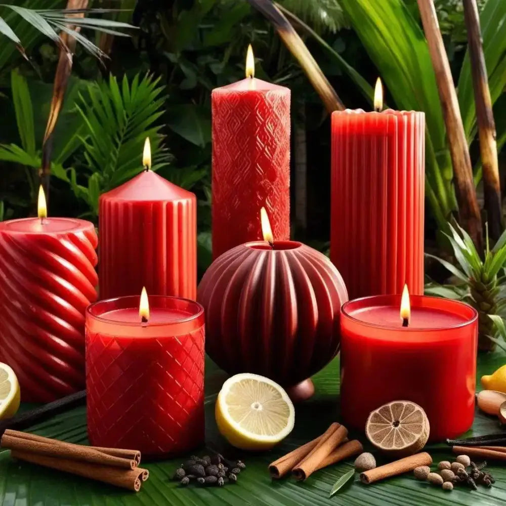 Vanilla and cinnamon scented soy pillar candles with various designs, featuring aromatic notes of lemon, cinnamon, and vanilla, surrounded by spices and citrus.