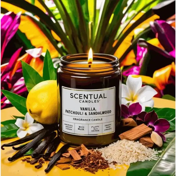 Scentual candles vanilla patchouli sandalwood with ingredients and flowers