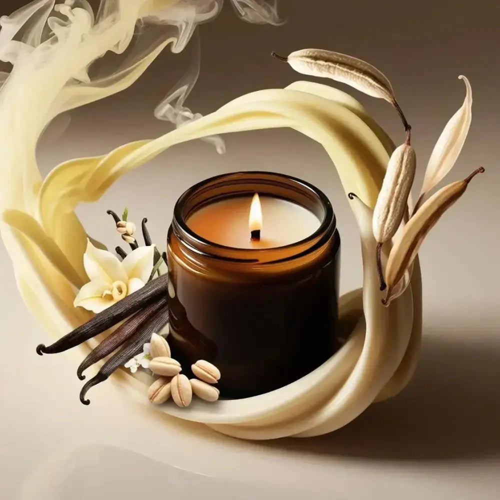 Vanilla scented soy candle in an amber jar surrounded by vanilla pods and creamy swirls.