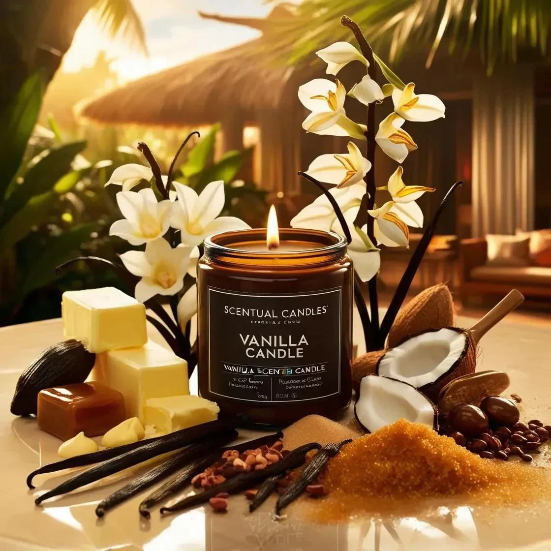 Vanilla scented soy candle surrounded by vanilla pods, coconut, and buttery caramel in a tranquil setting.