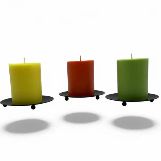 Wrought Iron Candle Holder with vibrant candles, minimalist Nordic design.