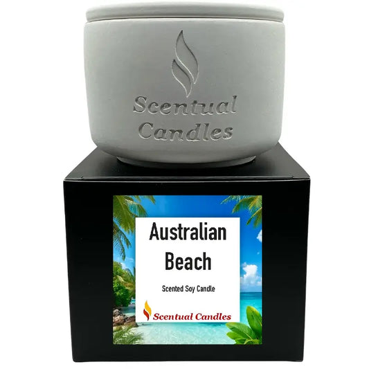 Hydrostone Candle Container on box labeled Australian Beach scented soy candle