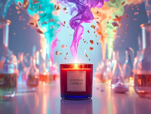 Colorful candle with essential oils vapor, "Are Essential Oils Safe in Candles?" featured motif.