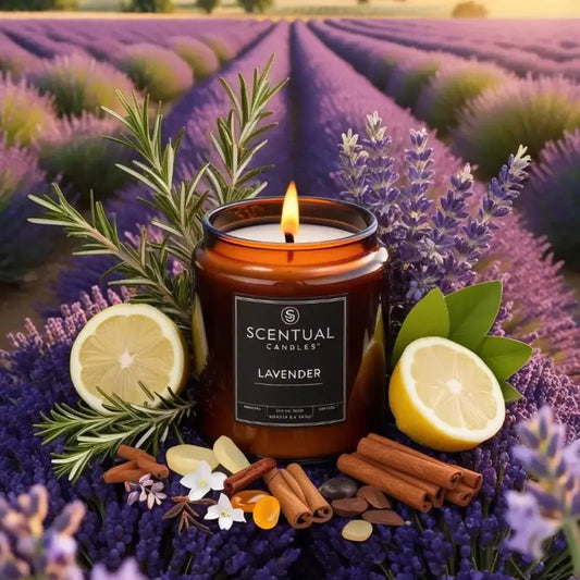 Lavender candle for stress relief placed in a field, focusing on Best Candle Scents for Stress.