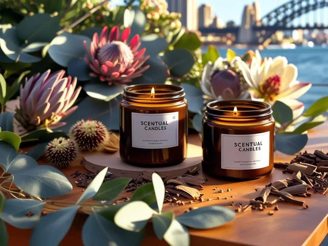 Candles from a top shop in the Best Candle Shops in Sydney local guide, with Sydney skyline and native flowers in the background.