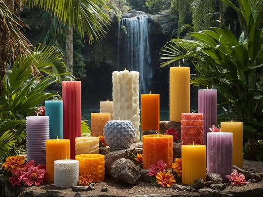 Colorful candles displayed near a waterfall, showcasing Candle Colours Meaning for mood and decor.