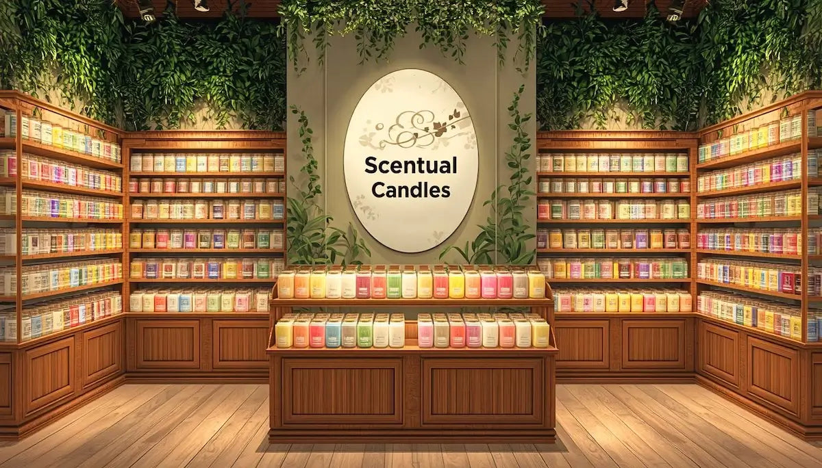 Candle Scents on display on shelves in a shop called 'Scentual Candles'