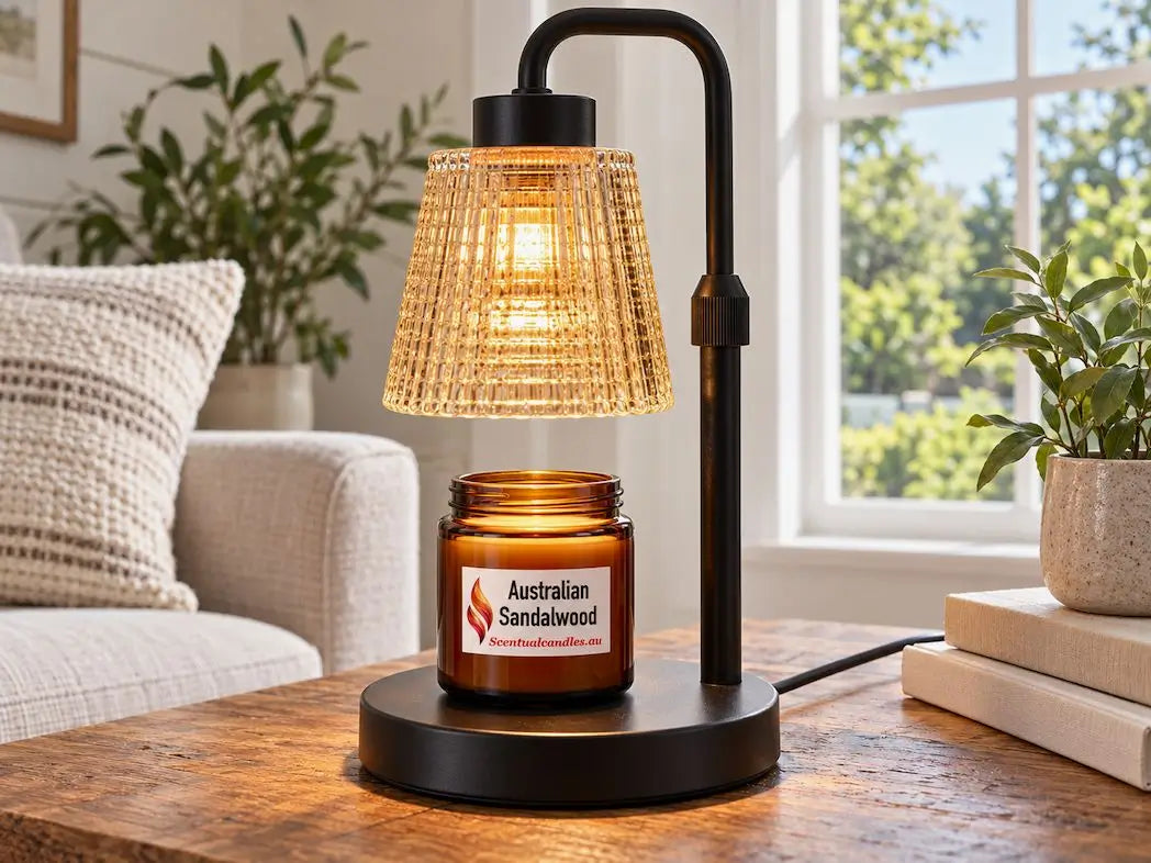 Candle Warmer Lamp Australia illuminating an Australian Sandalwood candle in a cozy living room setting.