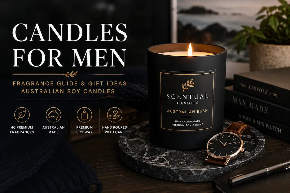 Candles for men in a stylish setting showcasing Scentual Candles Australian Bush with watch and accessories.