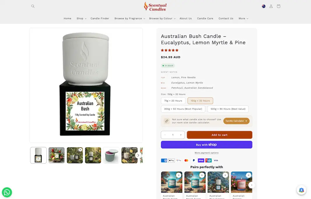 Candles Online - Australian Bush Candle with Eucalyptus, Lemon Myrtle & Pine on display.