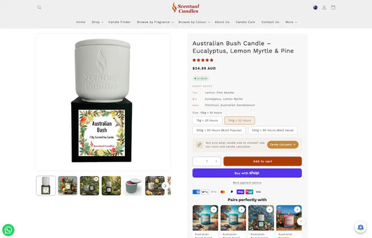 Candles Online - Australian Bush Candle with Eucalyptus, Lemon Myrtle & Pine on display.